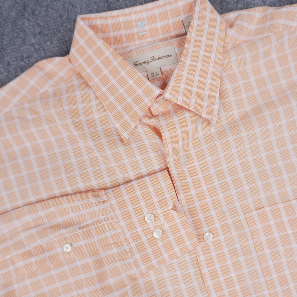 Tommy Bahama Button Up Shirt Mens 15.5 34/35 Orange Checkered Long Sleeve Cotton